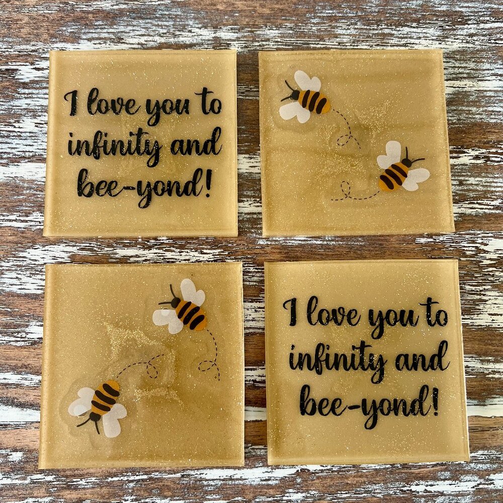 Honey Bees "I Love You to Infinity and Bee-yond" Resin Drink Coasters Set of 4